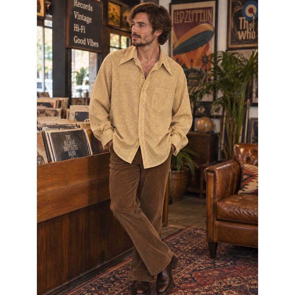Vintage Berkfield 70s Mustard Yellow Geometric Dagger Collar Shirt XL 17-17.5